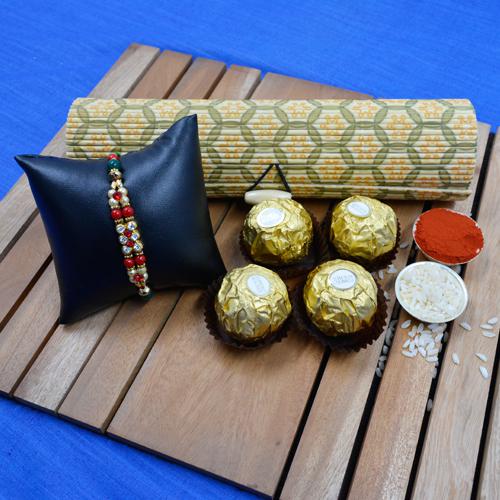 Lovely Golden Rakhi N Ferrero Rocher in Reusable Bamboo Box