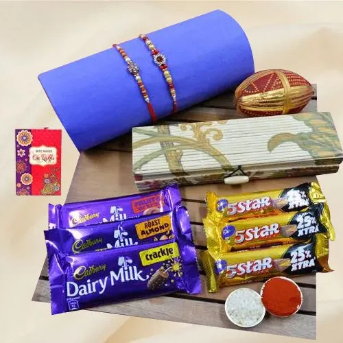 Fabulous Stone Rakhi Pair N Assorted Chocolates in Reusable Box