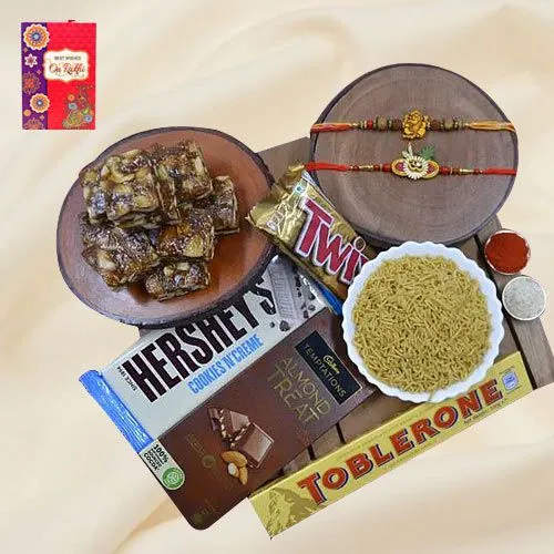Designer Rakhi Set with Haldiram Sweets N Savory  N  Chocolates Hamper