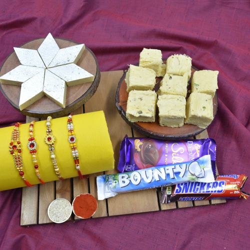 Blissful Stone Rakhi Set of 4 with Haldiram Sweets N Chocolates