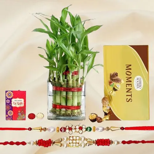 Pious Collection of Rakhi Duo with 2 Tier Bamboo Plant