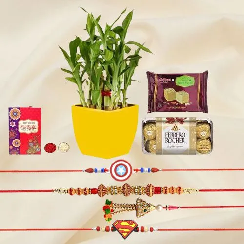 Classy Collection of Family Rakhi Set N 2 Tier Bamboo Plant
