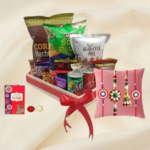 Wholesome Snack Time Food Baskets n Family Rakhi Combo