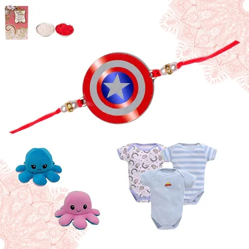 Flying Captain America Rakhi with Baby Body Suits Combo