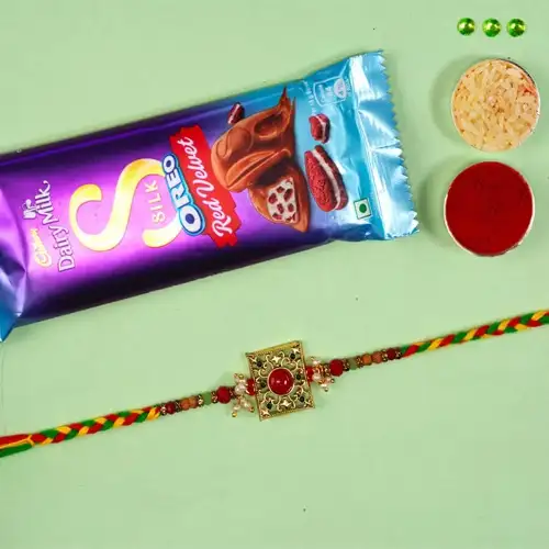 Impressive Kundan Rakhi n Cadbury Silk Combo