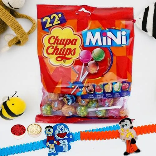 Delicious Assorted Chupa Chups Lollipops with 2 Kids Rakhi	