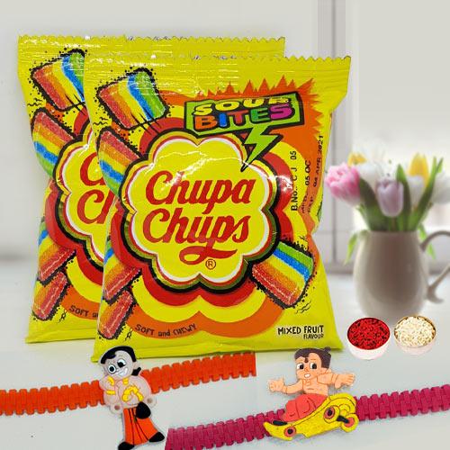 Tasty Chupa Chups Sour Bites Chewy Toffee with Dual Kids Rakhi