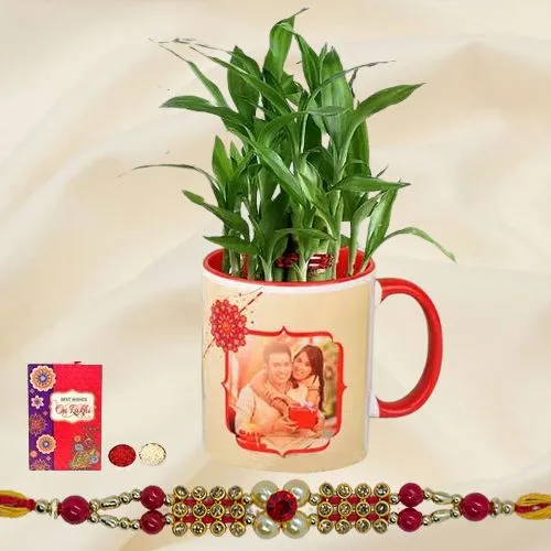 Personalized Coffee Mug with Lucky Bamboo Plant n Fancy Rakhi