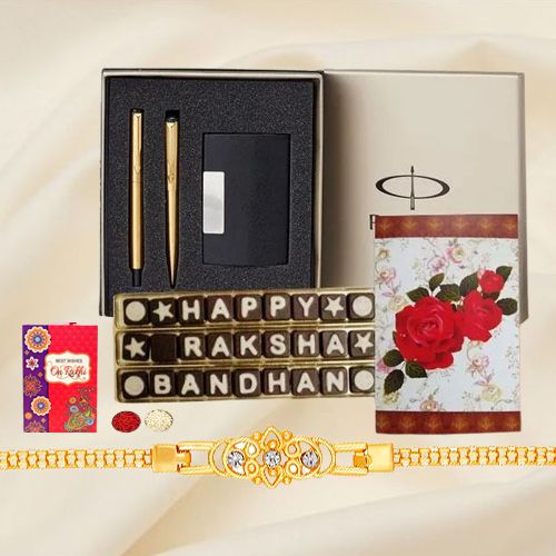 Parker Pen Set, Golden Bracelet Rakhi n 27 pcs Home Made Chocolates