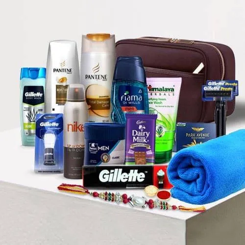 Rakhi with Chocolate Pack and Daily Routine Care Kit for Men