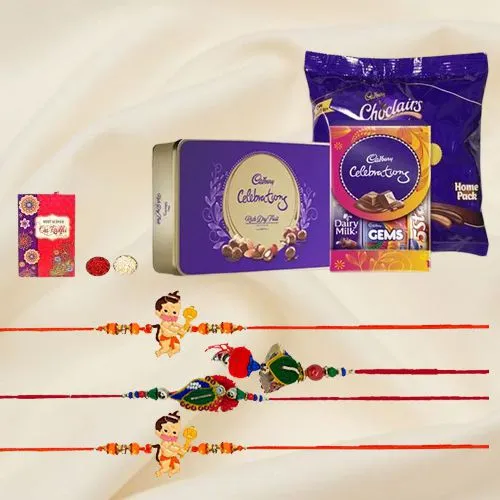 Delectable Cadbury Chocolate Trio with Family Rakhi Set