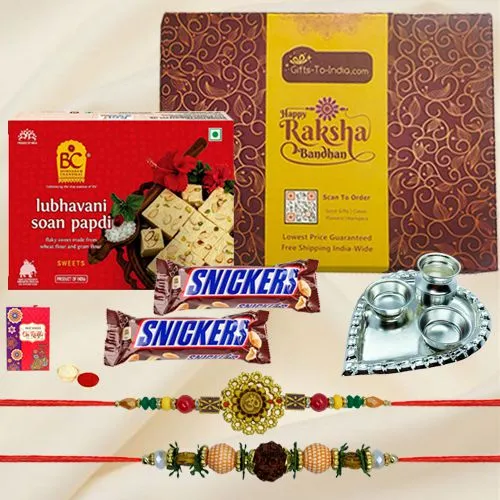 Auspicious Rakhis with Thali N Assorted Sweet Treats