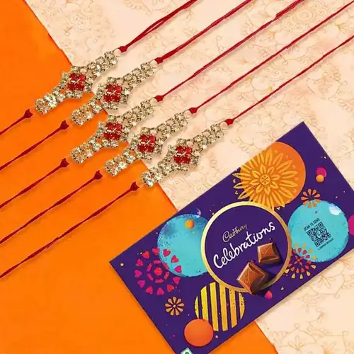 Fascinating Rakhi Set of 5 with Cadbury Celebration Chocolate Pack