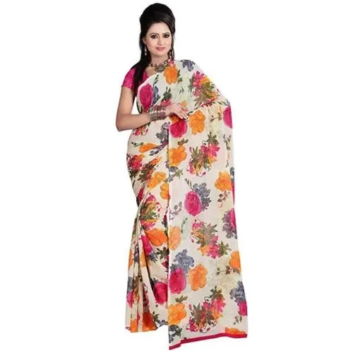 Eye-Catching Off White and Pink Coloured Saree with Floral Print Design