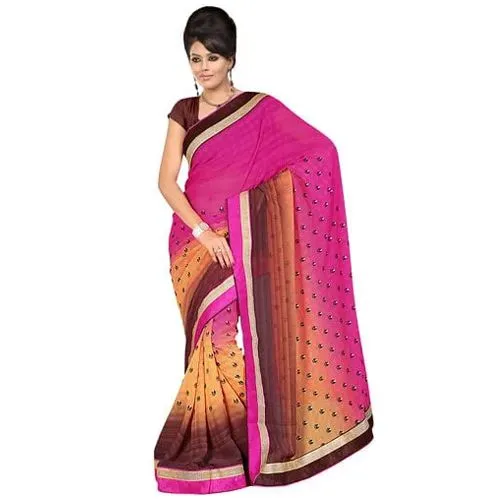 Flattering Pink, Chrome and Brown in Colour Gorgettee Printted Saree