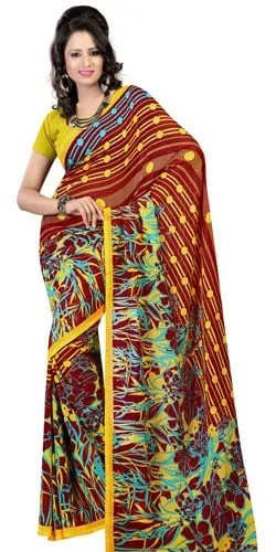 Elegantly Designed Faux Georgette Saree in Brown and Mustard Colours