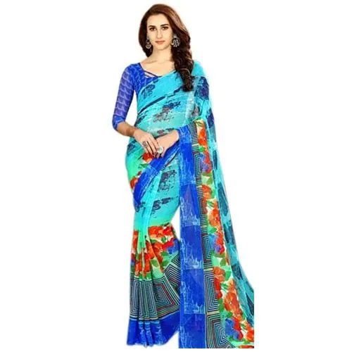 Fabulous Chiffon Printed Sari in Blue Color for Lovely Ladies