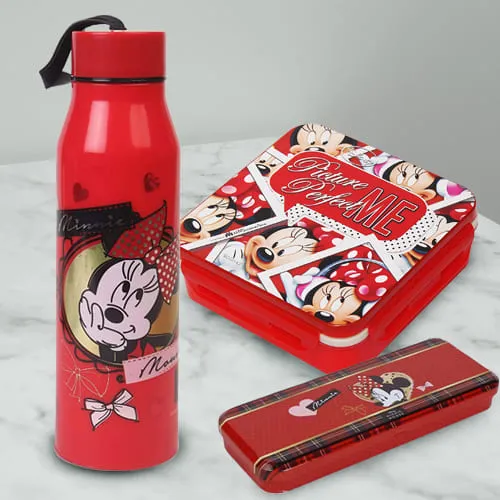 Mesmerizing Combo of Minnie Mouse Sipper Bottle, Pencil n Tiffin Box