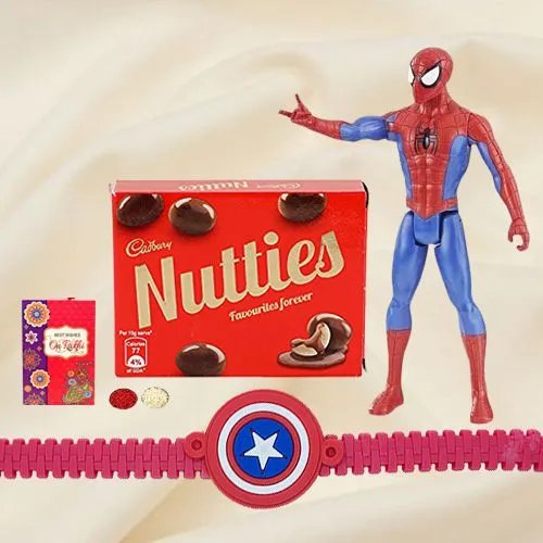 Wonderful Selection of Marvel Avengers Captain America Action Figurine for Little Ones and Kids Rakhi, Cadbury Nutties with Free Roli Tilak and Chawal