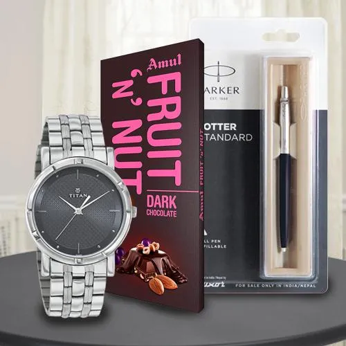 Amazing Titan Watch with Parker Pen and Amul Chocolate