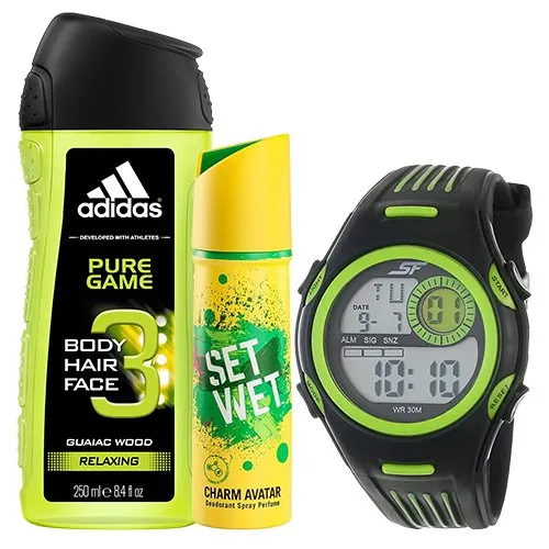 Fabulous Trio of Sonata Fibre Watch with Adidas Shower Gel N Set Wet Deo for Mens
