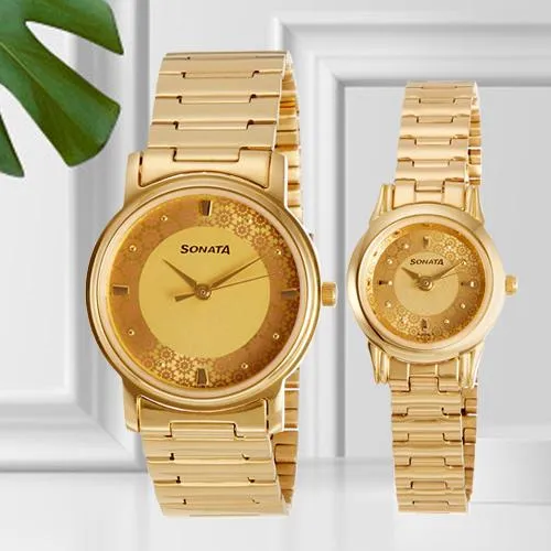 Fantastic Analog Champagne Dial Couple Watch from Sonata