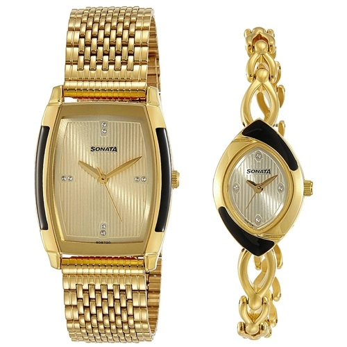Stylish Sonata Gold Dial Pair Watch