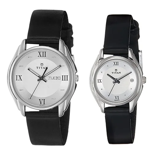 Gorgeous Titan Silver Dial Leather Strap Pair Watch