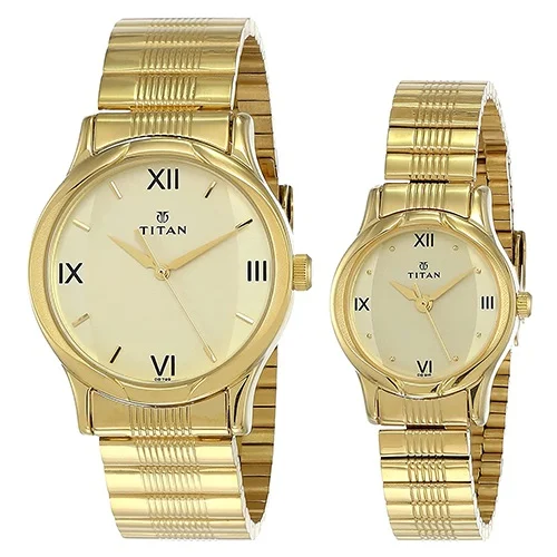 Glamorous Titan Champagne Dial Golden Strap Watch Set
