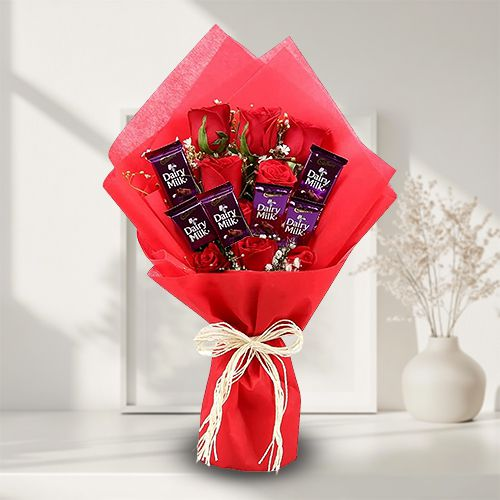 Appealing Bunch of Red Roses n Cadbury Dairy Milk Chocolate Bar