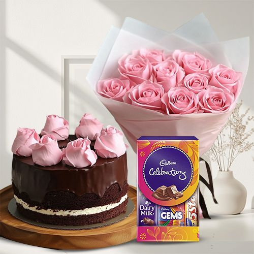Order Chocolate Cake with Celebrations Pack N Roses Bunch