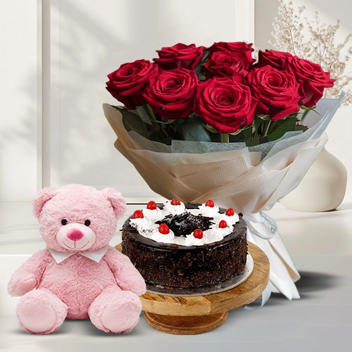 Buy Cake with Teddy N Roses Bunch