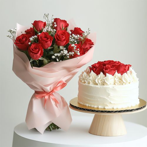 Order Red Roses Bouquet with Vanilla Cake