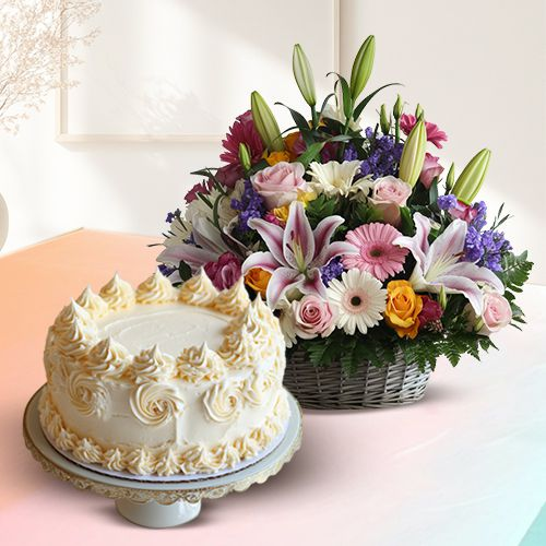 Sending Vanilla Cake N Assorted Flowers Bouquet