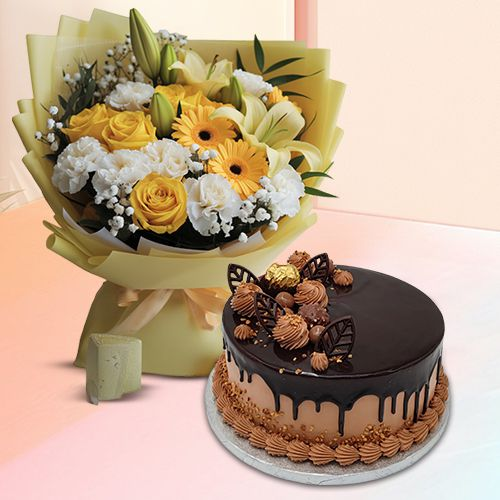 Send Truffle Cake with Assorted Flowers Bouquet