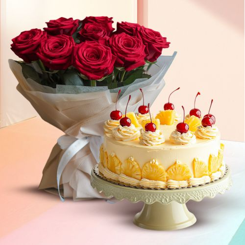 Deliver Roses Bouquet N Pineapple Flavor Cake