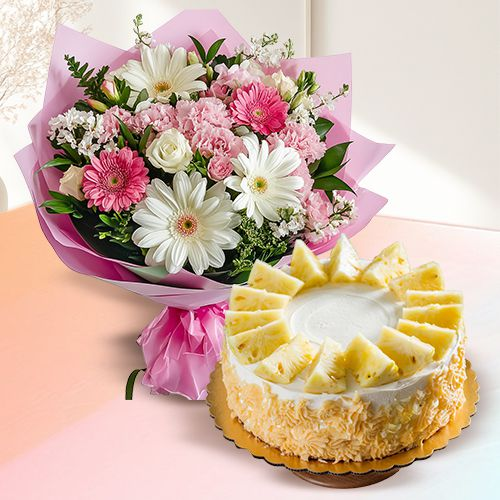 Sending Mixed Flower Bouquet with Pineapple Cake