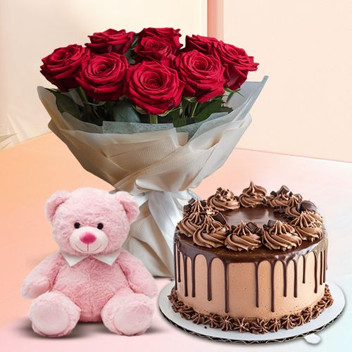 Send Roses Bouquet with Teddy N Eggless Choco Cake