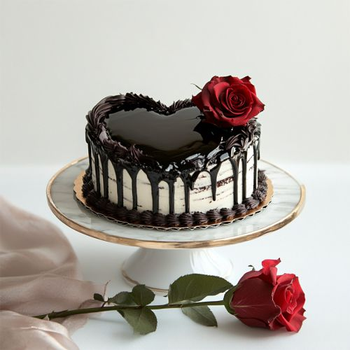 Order Heart-Shaped Black Forest Cake with Single Rose