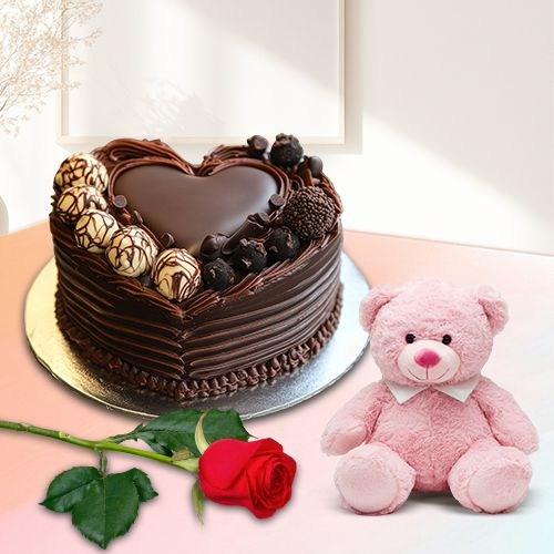 Buy Heart-Shaped Choco Cake with Rose N Teddy