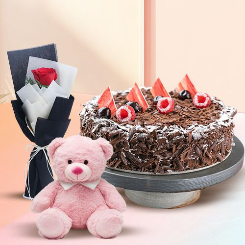 Order Online Eggless Black Forest Cake with Rose N Teddy