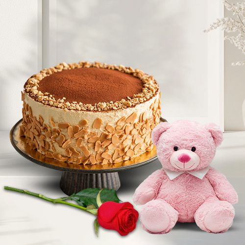 Deliver Eggless Butter Scotch Cake with Teddy N Single Rose