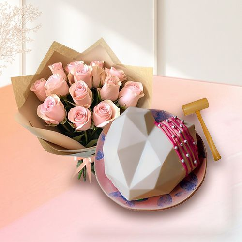 Delectable White Heart Hammer Cake with Pink Rose Bouquet