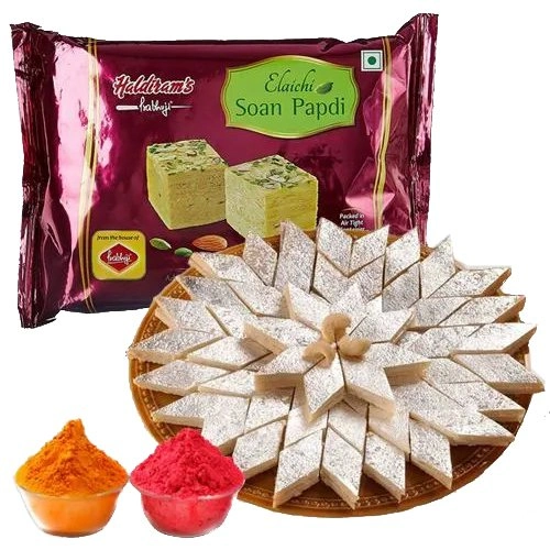 Holi Delight Haldiram Soan Papdi with Kaju Katli N Free Herbal Gulal