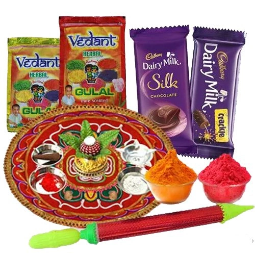 Colorful Holi Combo of Puja Thali with Herbal Gulal, Pichkari N Dairy Milk Chocolate