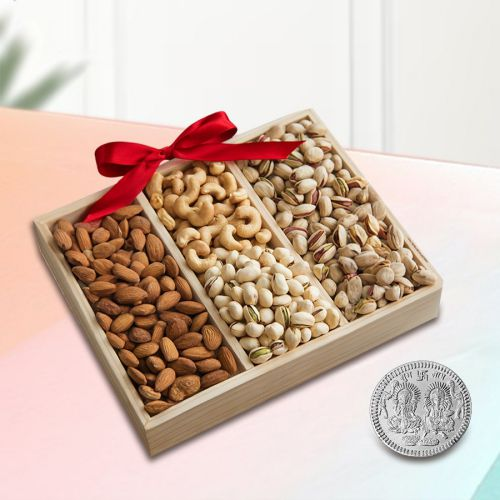 Exclusive Wooden Tray of Assorted Premium Salted Dry Fruits Free Coin for Diwali