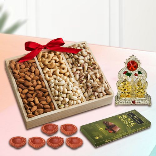Lovely Wooden Tray of Premium Salted Dry Fruits Laxmi Ganesh Mandap n Free Diya for Diwali