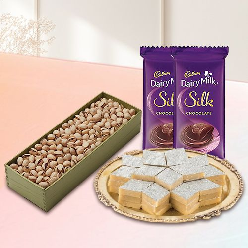 Gift Trio of Pistachio n Cadbury Chocolates n Haldiram Kaju Katli for Christmas