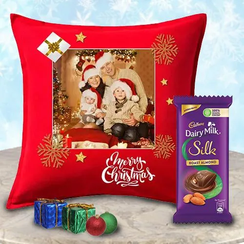 Classy Personalized Gift of Merry Christmas Fur Cushion n Cadbury Chocolate