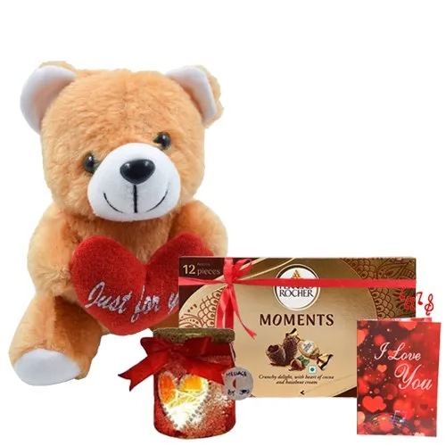 Gorgeous Gift of Brown Teddy with Ferrero Rocher LED Lamp Jar N Musical Card